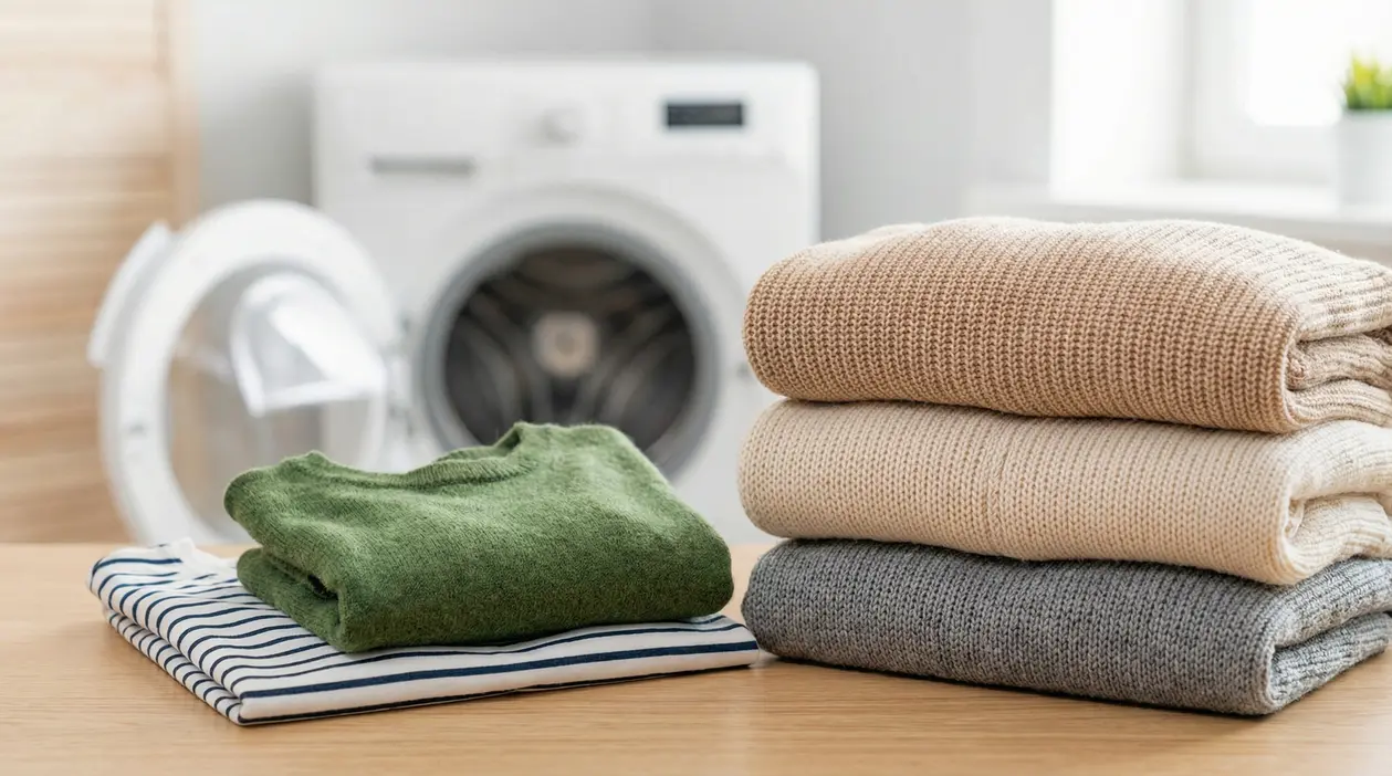 Maglioni piegati su un tavolo davanti alla lavatrice, immagine legata al recupero dei vestiti ristretti