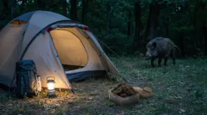 Tenda illuminata nel bosco con un cinghiale vicino, durante una scena di campeggio notturno