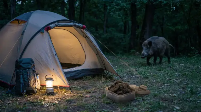 Tenda illuminata nel bosco con un cinghiale vicino, durante una scena di campeggio notturno