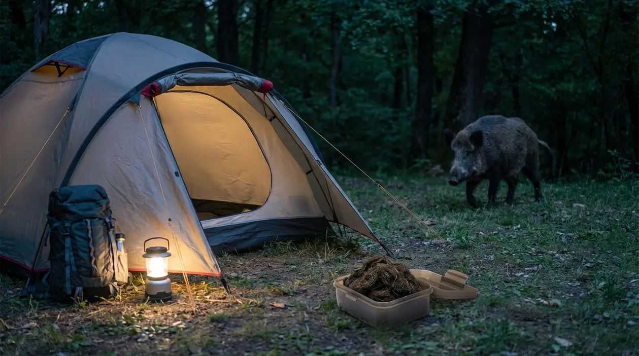 Tenda illuminata nel bosco con un cinghiale vicino, durante una scena di campeggio notturno