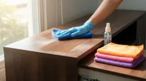 Mano con panno in microfibra che rimuove la polvere da un mobile in legno vicino a una finestra