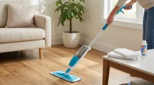 Persona che pulisce velocemente il pavimento in legno del soggiorno con un mocio spray