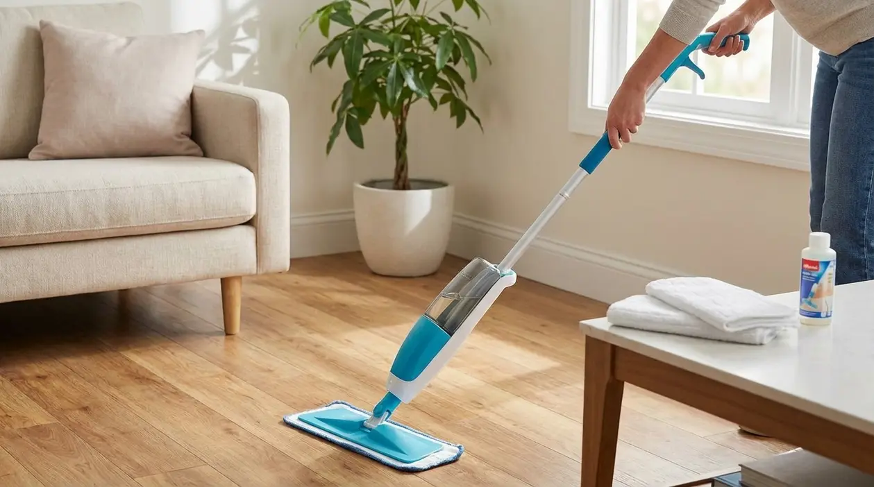 Persona che pulisce velocemente il pavimento in legno del soggiorno con un mocio spray