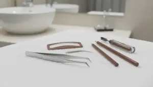 Pinzetta e strumenti per definire e riempire le sopracciglia su un asciugamano in bagno