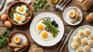 Piatti vari con uova cucinate in modi diversi su tavolo rustico