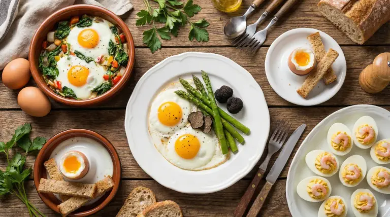 Piatti vari con uova cucinate in modi diversi su tavolo rustico