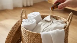 Mano che versa una goccia di olio essenziale in un cesto della biancheria con asciugamani e camicia chiara