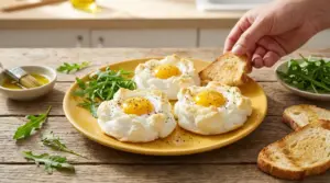 Uova montate al forno con tuorlo intero su piatto giallo, accompagnate da rucola e pane tostato