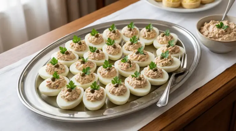 Uova sode ripiene con tonno e maionese, guarnite con capperi e prezzemolo su un vassoio