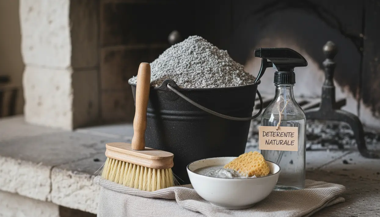Secchio di cenere del camino con spazzola, spugna e flacone spray per pulizie naturali davanti al focolare