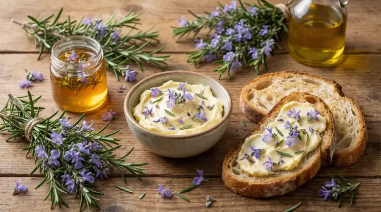 Pane con burro aromatizzato e fiori di rosmarino su tavolo rustico