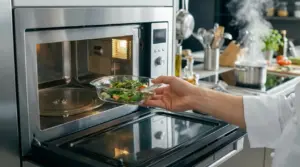 Uno chef inserisce una pirofila con verdure fresche nel microonde in una cucina professionale