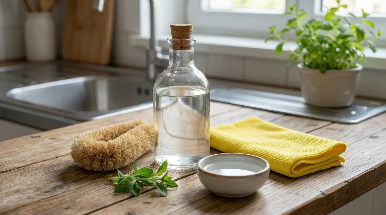 Bottiglia di aceto bianco su un tavolo di legno con panno giallo, ciotolina e spazzola