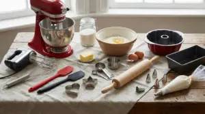 Utensili per fare dolci disposti su un tavolo, tra cui planetaria, fruste, stampi e utensili da cucina