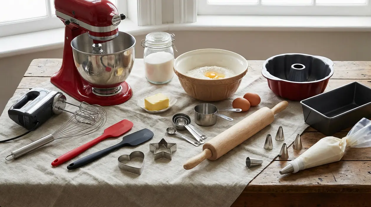 Utensili per fare dolci disposti su un tavolo, tra cui planetaria, fruste, stampi e utensili da cucina