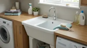 Vasca lavatoio in ceramica in lavanderia con rubinetto, piano in legno, asciugamani e detersivi accanto alla lavatrice