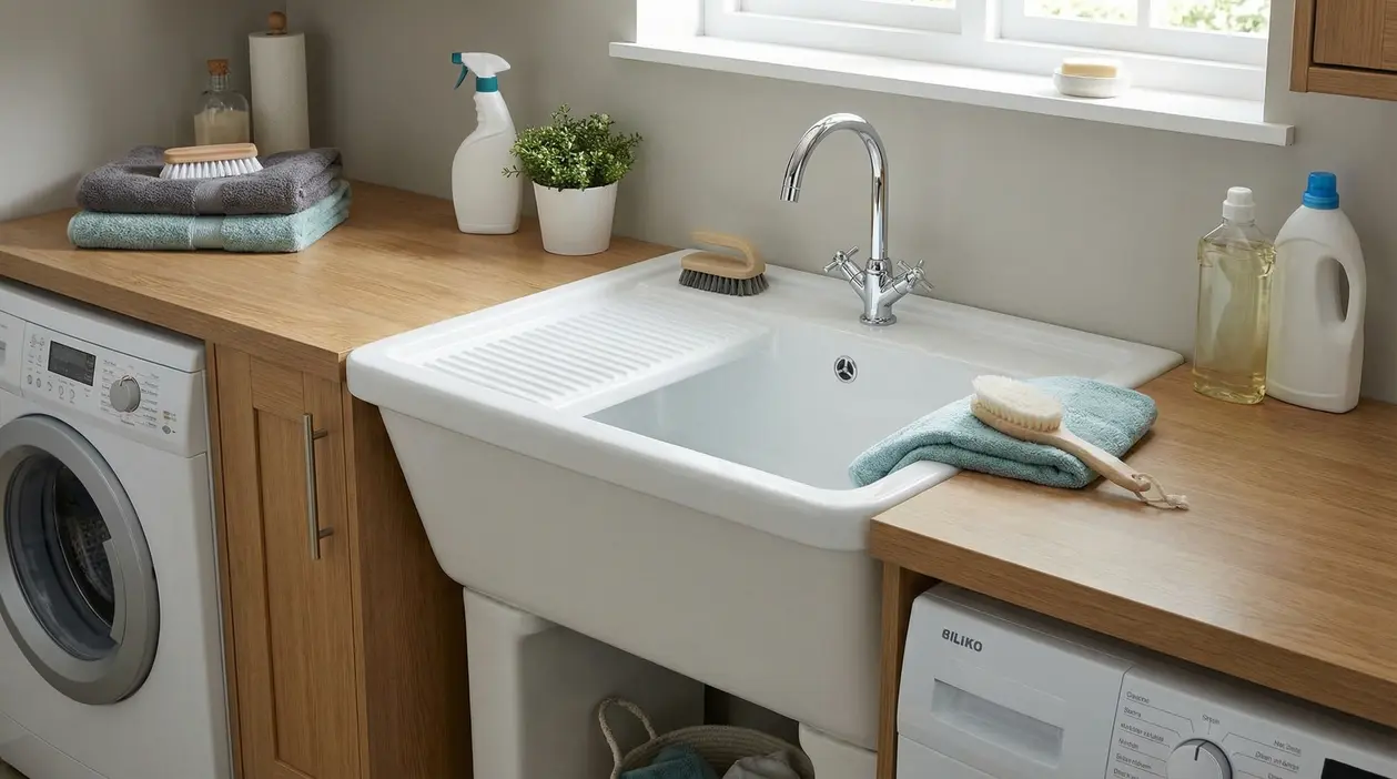 Vasca lavatoio in ceramica in lavanderia con rubinetto, piano in legno, asciugamani e detersivi accanto alla lavatrice