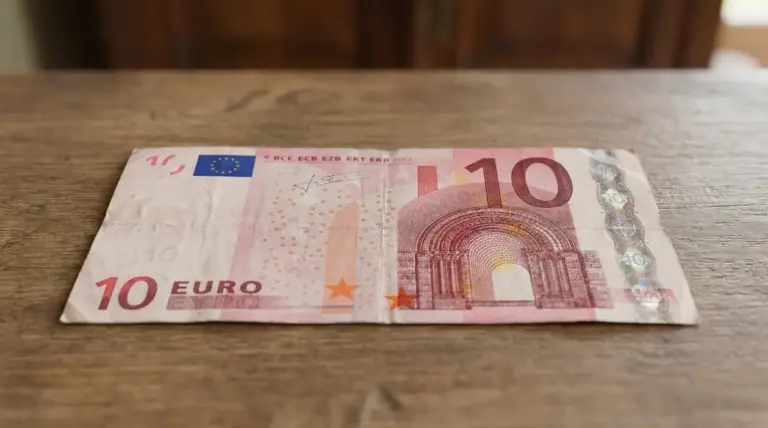 Vecchia banconota da 10 euro leggermente usurata su superficie in legno
