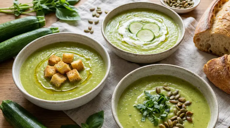 Tre ciotole di vellutata di zucchine con guarnizioni diverse su un tavolo di legno