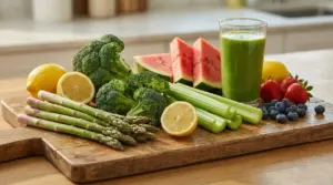 Verdure e frutta fresca su un tagliere con un bicchiere di smoothie verde