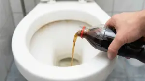 Una mano versa cola nel water per rimuovere sporco ostinato e calcare dalla ceramica