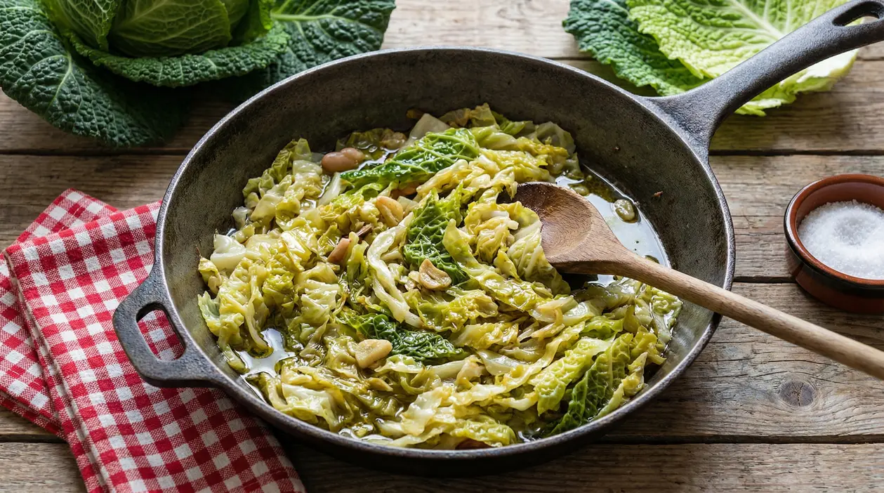 Verza stufata in padella con aglio e olio, servita su tavolo rustico