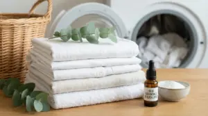 Bucato bianco piegato con rametto di eucalipto e flacone di olio essenziale davanti a una lavatrice
