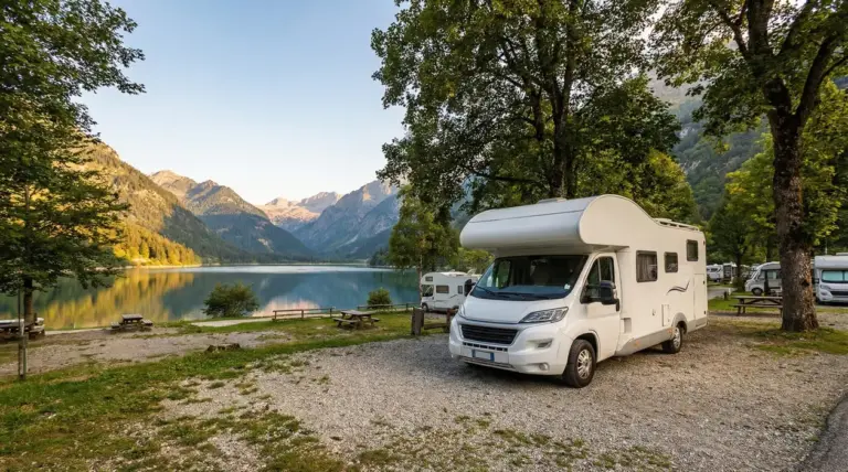 Camper parcheggiato in un'area sosta vicino a un lago circondato da montagne e alberi