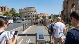 Visitatori con biglietti digitali in coda per entrare al Colosseo a Roma