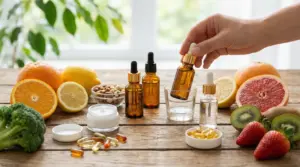 Integratori, frutta fresca e prodotti naturali su un tavolo per la cura della pelle