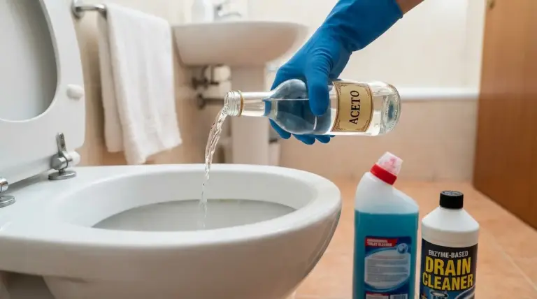 Mano con guanto blu versa aceto nel WC in bagno, accanto a detergenti per scarichi