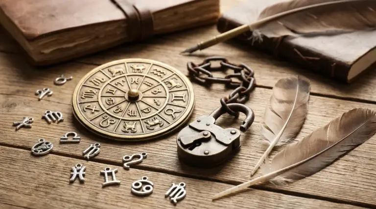 Oggetti simbolici su un tavolo di legno, tra cui un cerchio zodiacale, piume, lucchetto e simboli astrologici