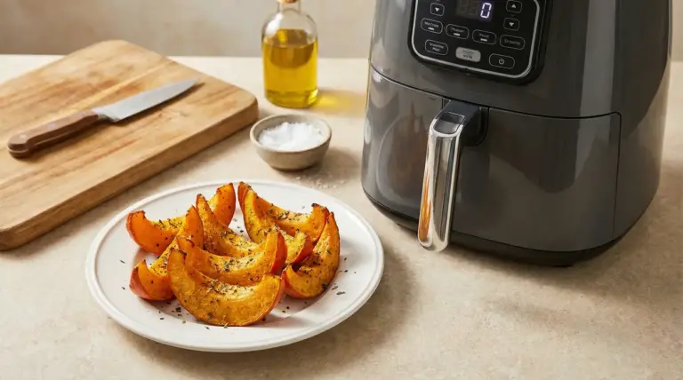 Fettine di zucca arrosto servite su un piatto accanto a una friggitrice ad aria