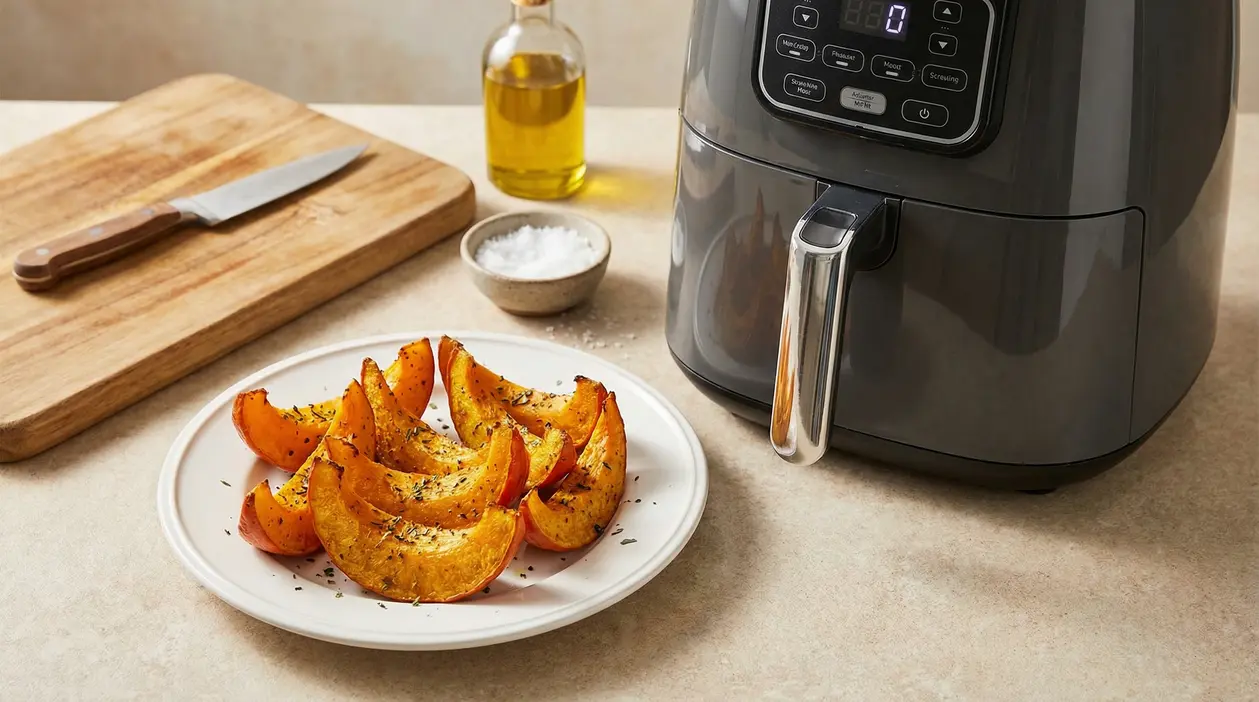 Fettine di zucca arrosto servite su un piatto accanto a una friggitrice ad aria