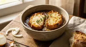 Zuppa di cipolle alla francese con crostini gratinati servita in una ciotola rustica