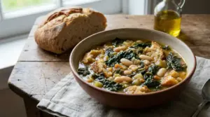 Zuppa toscana con cavolo nero, fagioli e pane in una ciotola su un tavolo rustico