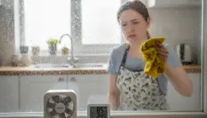 Persona pulisce un vetro appannato in cucina con panno giallo, con ventilatore e igrometro sul davanzale