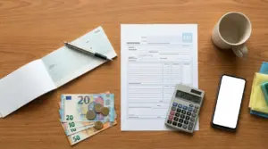 Modulo F24, assegno, euro, calcolatrice e smartphone su scrivania, per pagare colf o signora delle pulizie