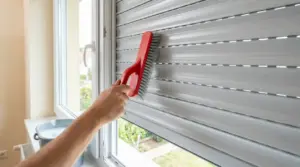 Una persona pulisce le tapparelle con una spazzola a setole rigide senza smontarle, vicino a una finestra