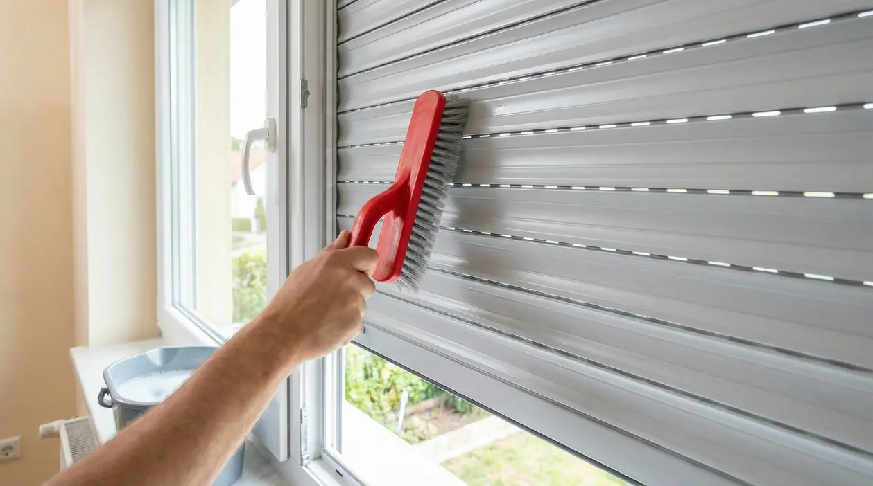 Una persona pulisce le tapparelle con una spazzola a setole rigide senza smontarle, vicino a una finestra