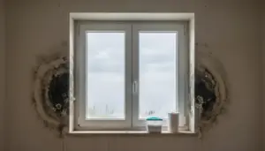 Muffa e umidità sotto una finestra con condensa sui vetri e macchie nere sulla parete interna