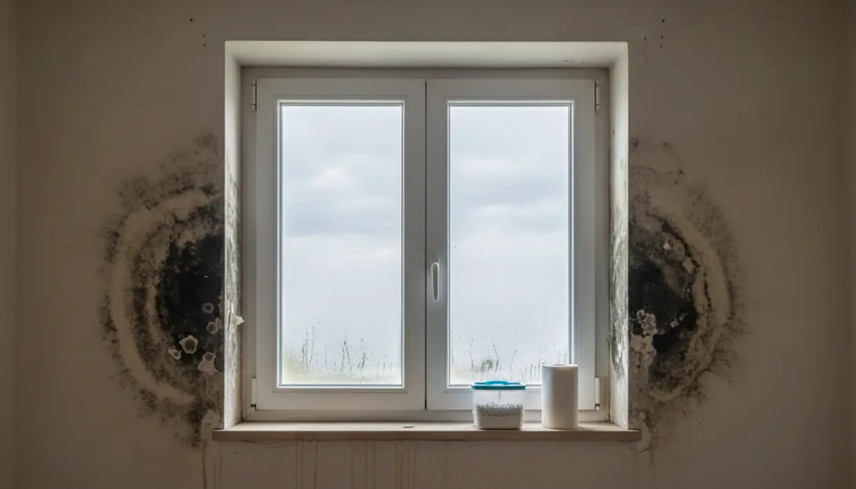 Muffa e umidità sotto una finestra con condensa sui vetri e macchie nere sulla parete interna