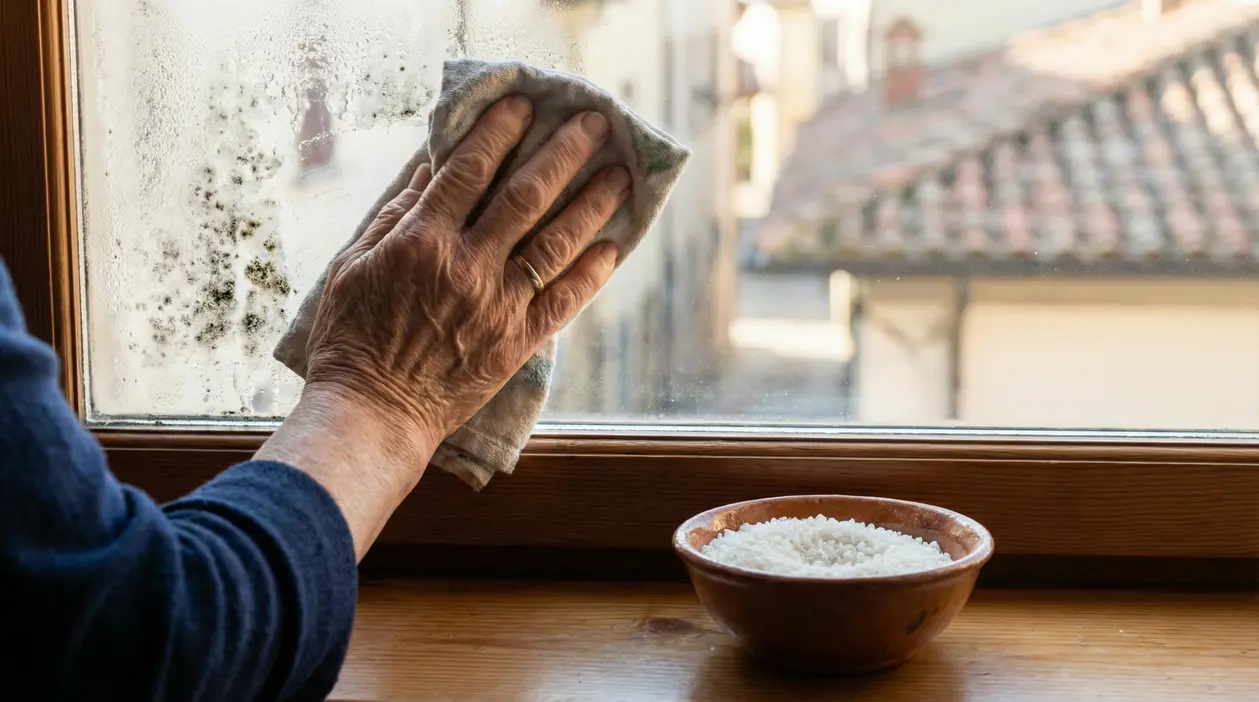 Mano che pulisce un vetro con muffa e condensa usando un panno; sul davanzale una ciotola di riso