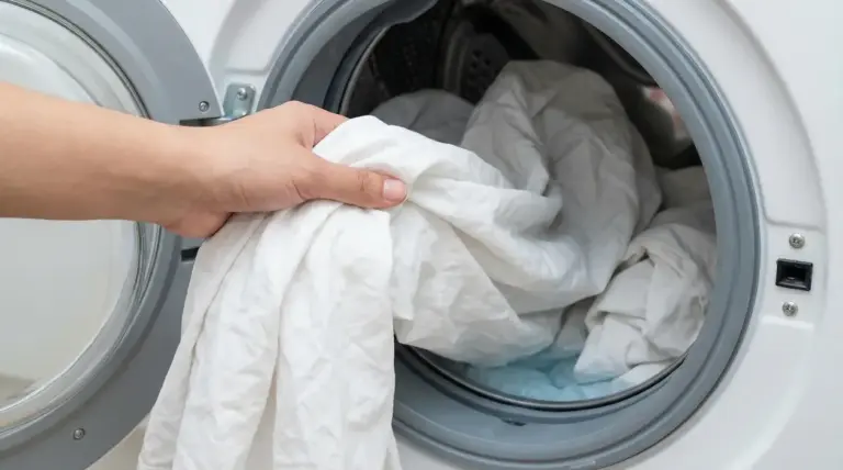 Una mano inserisce lenzuola bianche nella lavatrice a carica frontale per un lavaggio più igienico