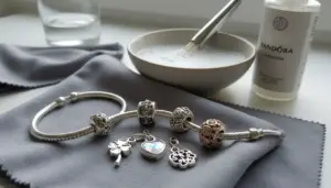Bracciale con ciondoli Pandora su panno in microfibra, con schiuma e pennello per la pulizia dei gioielli