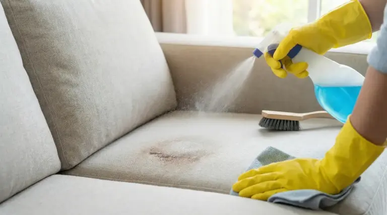 Pulizia di un divano in tessuto macchiato con spray detergente, spazzola e panno in microfibra