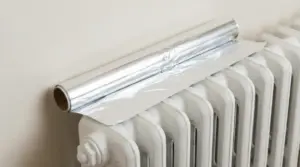 Rotolo di carta stagnola appoggiato su un termosifone bianco vicino al muro