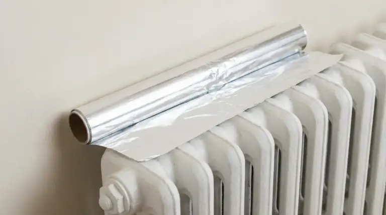 Rotolo di carta stagnola appoggiato su un termosifone bianco vicino al muro