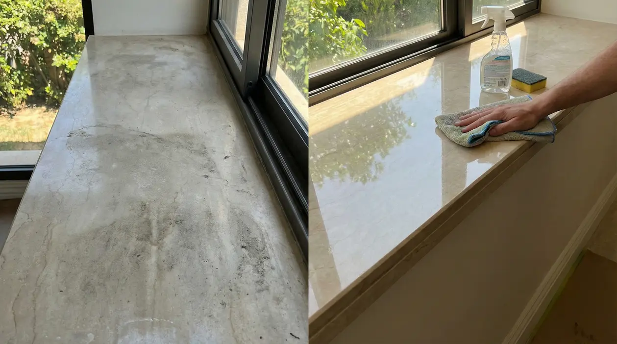 Davanzale in marmo opaco e sporco a confronto con davanzale lucido mentre una persona lo pulisce con un panno
