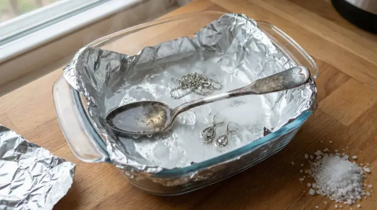 Bacinella con foglio di alluminio, sale e acqua calda per pulire argento ossidato con cucchiaio e gioielli